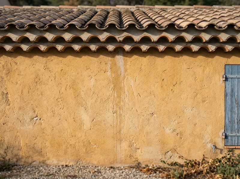 Génoise à deux rangs de tuiles au-dessus d'un enduit à la chaux ocre, lumière rasante révélant la texture