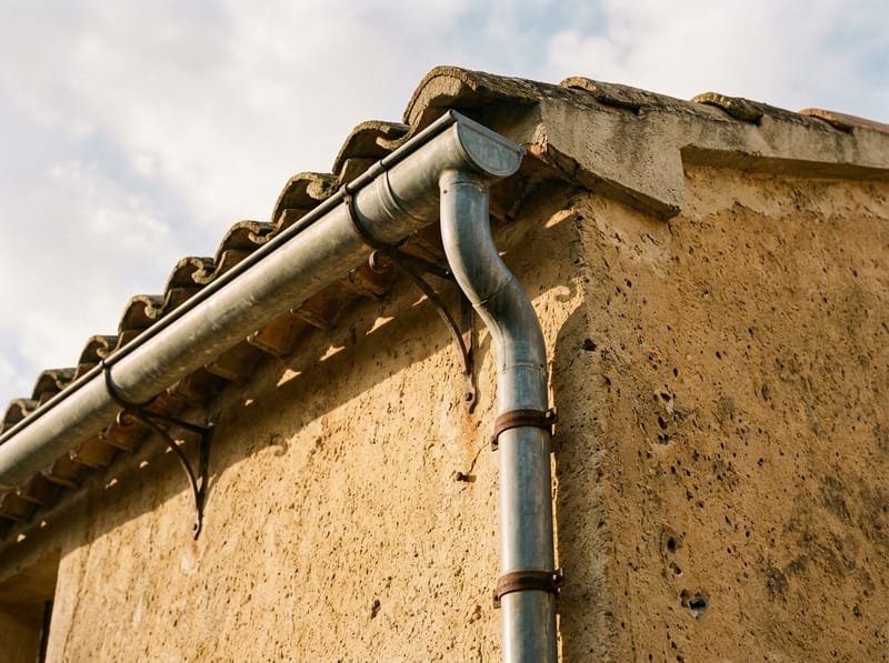 Égout de toiture vu d'en bas : gouttière demi-ronde en zinc et descente d'eau pluviale fixée au mur par des colliers