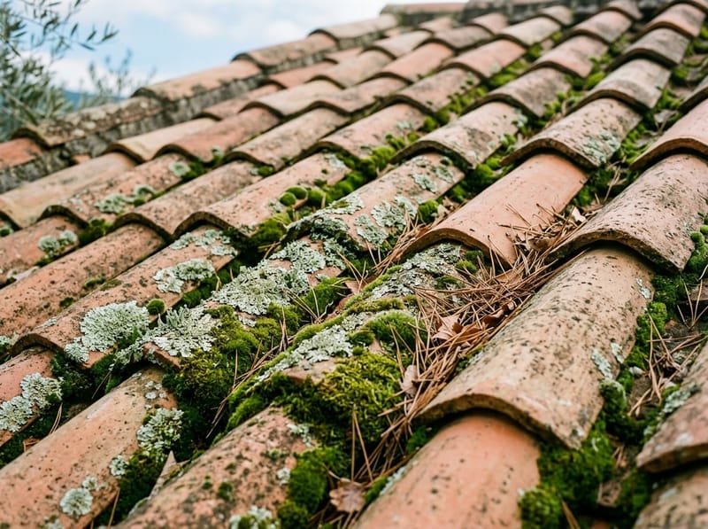 Canaux de tuiles comblés de mousse épaisse et de lichen gris-vert, aiguilles de pin accumulées le long d'un rang