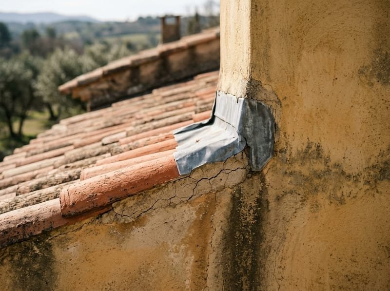 Raccord entre un versant en tuiles et une souche de cheminée enduite : solin en zinc, mortier fissuré à la base