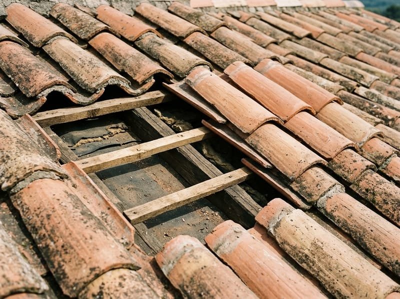 Zone de reprise sur un versant sain : trois tuiles déposées à plat à côté de l'ouverture, liteau et écran visibles