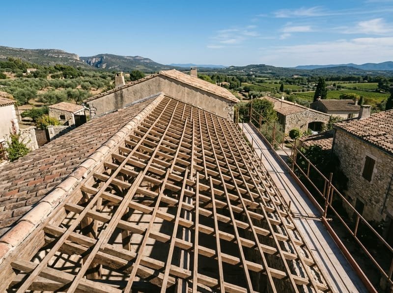 Versant entièrement déposé vu depuis le faîtage, chevrons et liteaux apparents, versant opposé encore couvert