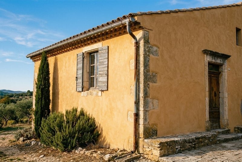 Le même angle de maison figuré après ravalement : enduit ocre uniforme, sans tache ni trace de ruissellement