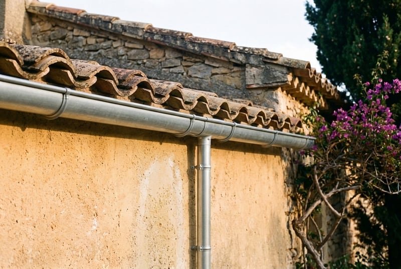 Le même égout figuré avec une gouttière et une descente neuves, alignées et fixées au mur par des colliers réguliers