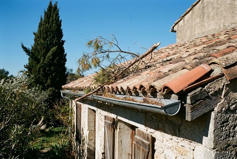 Branche de pin tombée en travers d'un égout de toiture en tuiles, aiguilles accumulées dans la gouttière