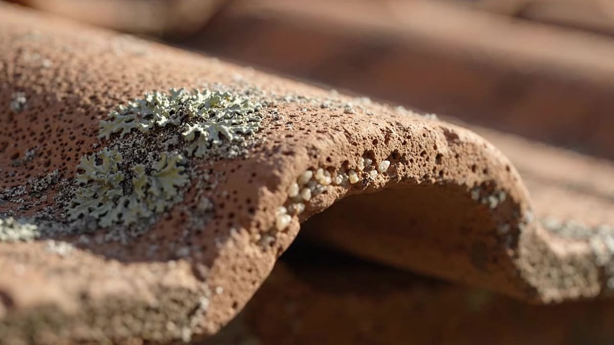 Gros plan macro sur la surface d'une tuile en terre cuite : grain de l'argile, porosité, éclat de bord et trace pâle de lichen dans un angle