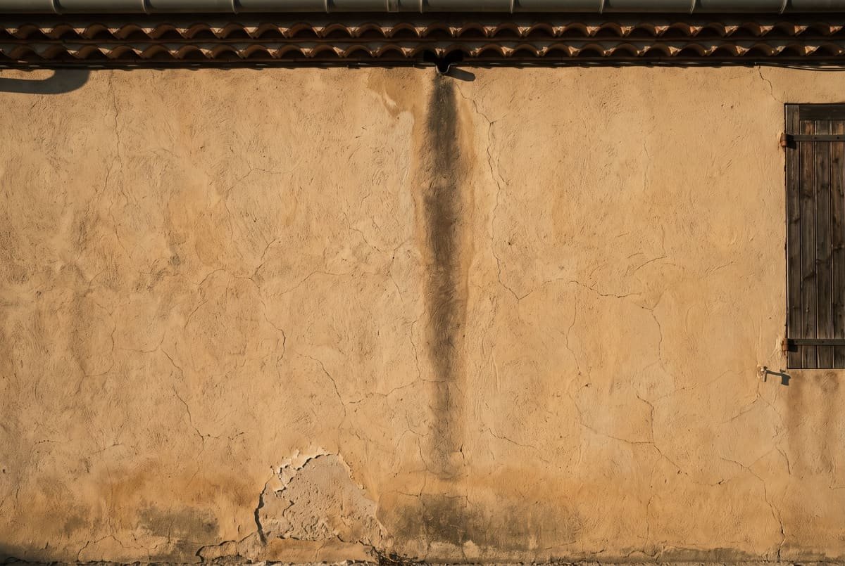 Façade enduite d'une maison provençale avec gouttière et descente d'eau pluviale