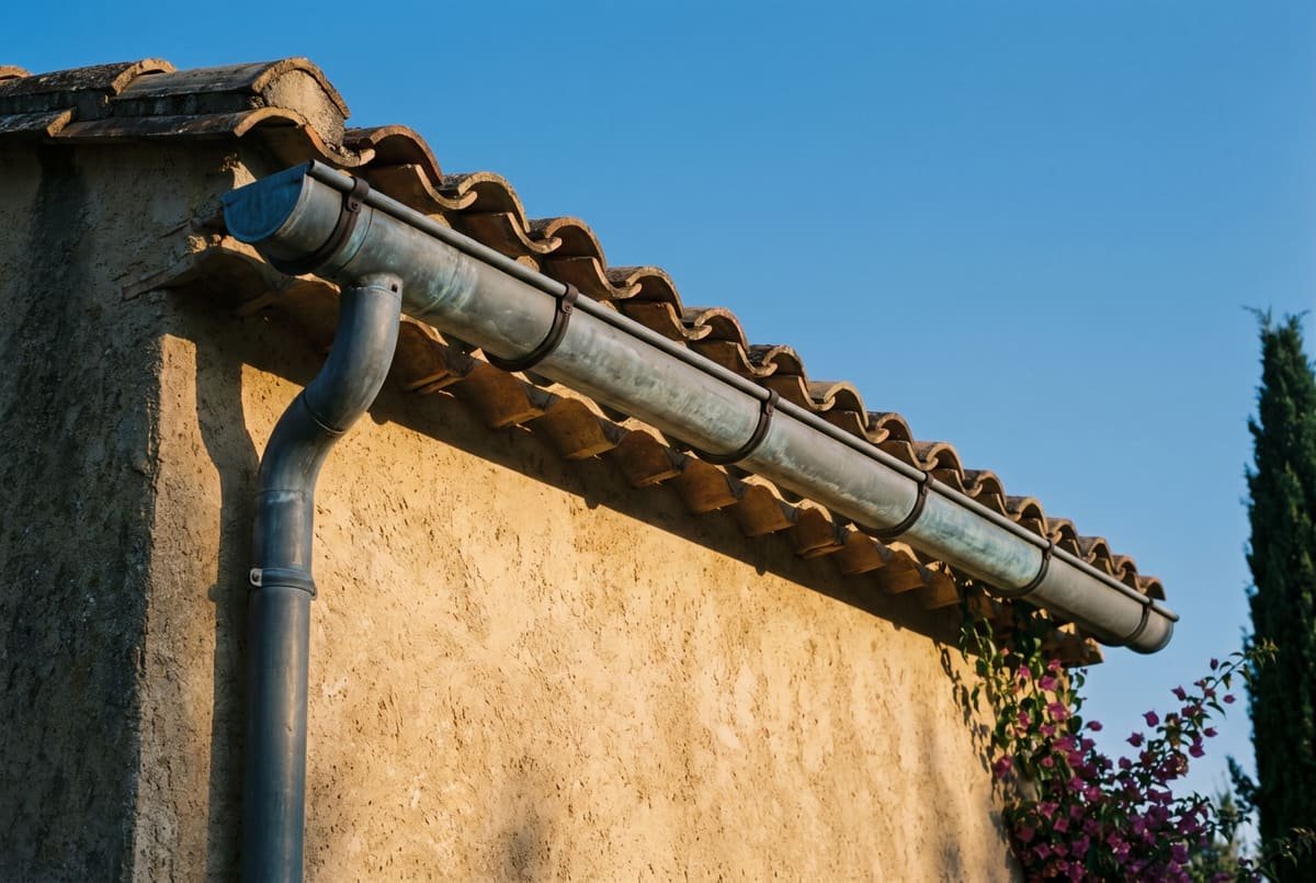Façade d'une maison provençale avec gouttière et descente d'eau pluviale le long du mur, toiture en cours d'intervention